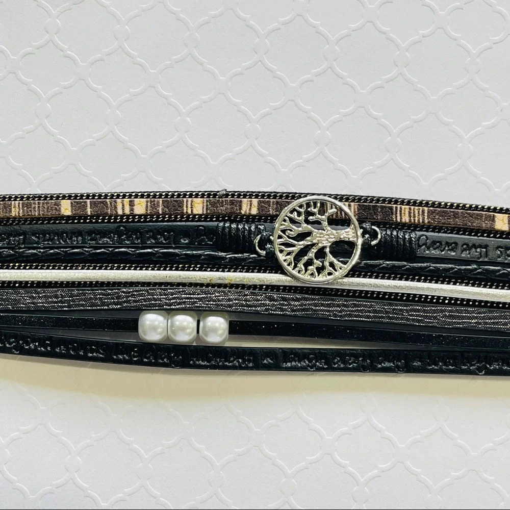 Multilayer Leather Bangle Magnetic Clasp Bracelet for Men or Women 7.5in‎ Black